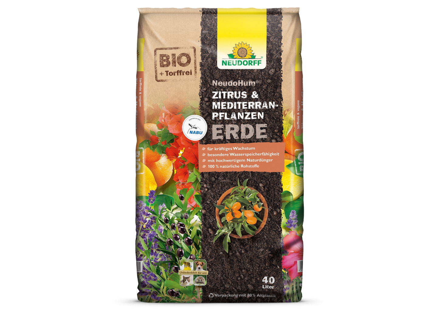 Ein 40-Liter-Sack Neudorff Shop NeudoHum Zitrus- & MediterranpflanzenErde-organische, torffreie Erde ideal für Zitrus- und mediterrane Pflanzen. Mit BIO-Etikett und farbenfrohen Frucht-, Blüten- und Blattbildern; perfekt für Urban Jungle oder Balkongärten.