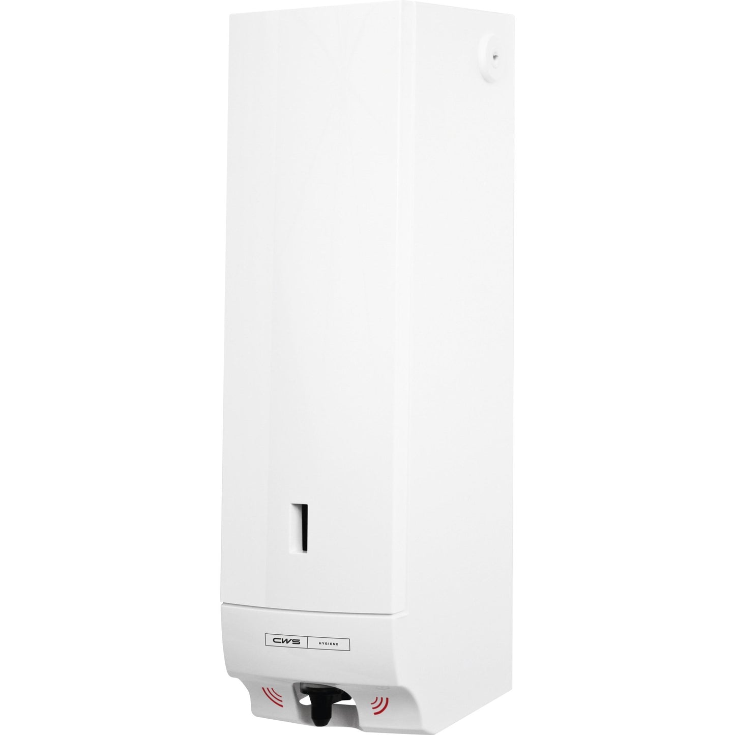 The CWS ParadiseLine foam soap dispenser Foam Slim Non-Touch, in white with cover, is a rectangular, wall-mounted foam soap dispenser with a black sensor area and small front slot for touchless hygiene.