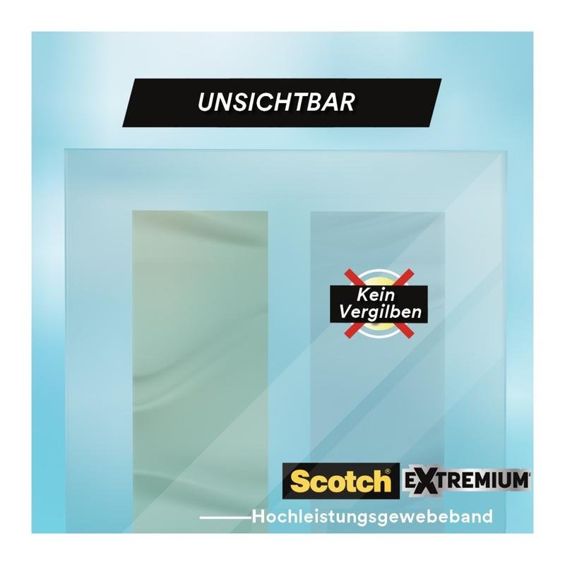 The product label for Scotch® Extremium™ INVISIBLE High-Performance Tape (20 m x 48 mm, 1 roll) from 3M Deutschland GmbH has a blue background, "INVISIBLE" at the top edge, "No Yellowing" and logos at the bottom edge.