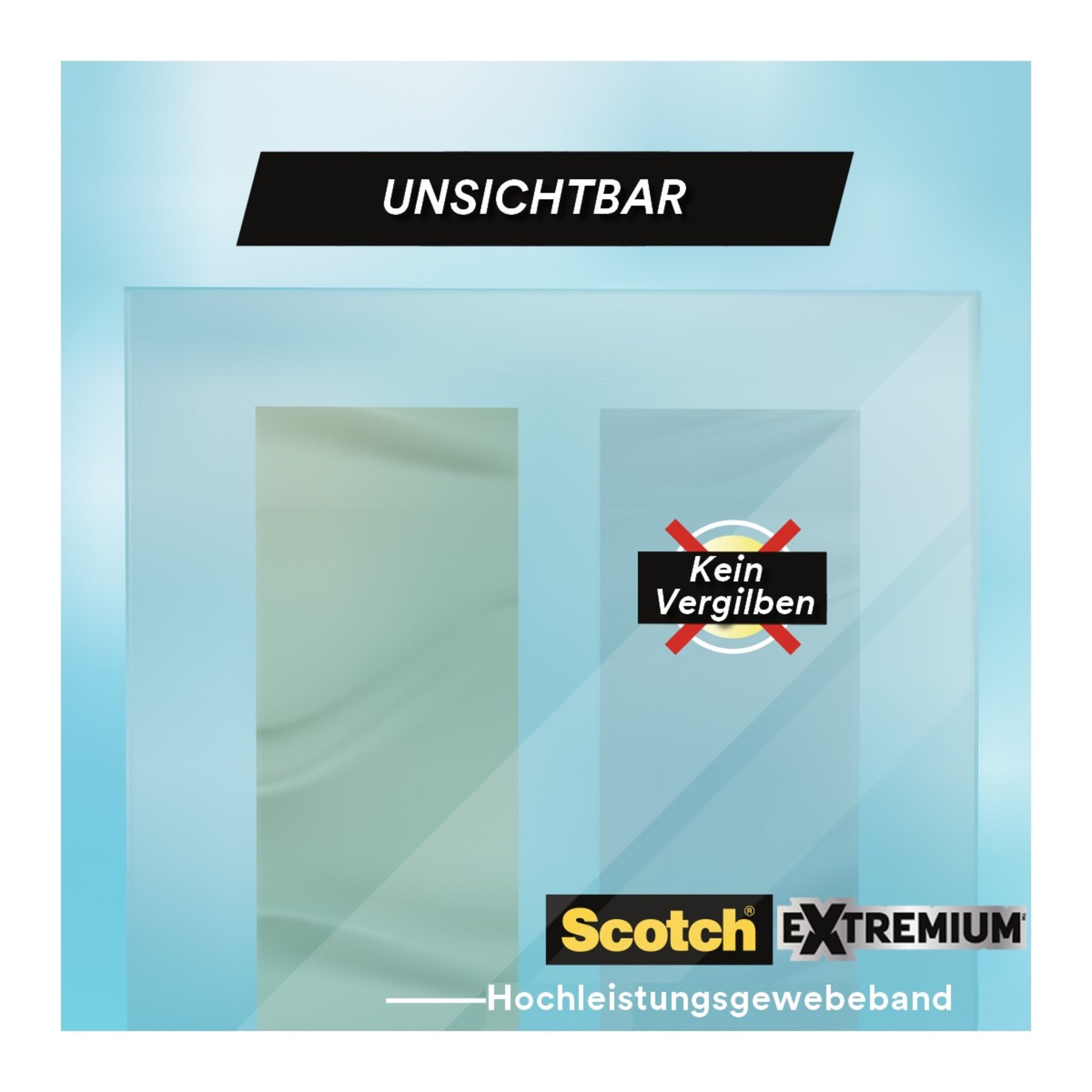 Das Produktetikett für das Scotch® Extremium™ INVISIBLE Hochleistungs-Klebeband (20 m x 48 mm, 1 Rolle) der 3M Deutschland GmbH hat einen blauen Hintergrund, "UNSICHTBAR" am oberen Rand, "Kein Vergilben" und Logos am unteren Rand.