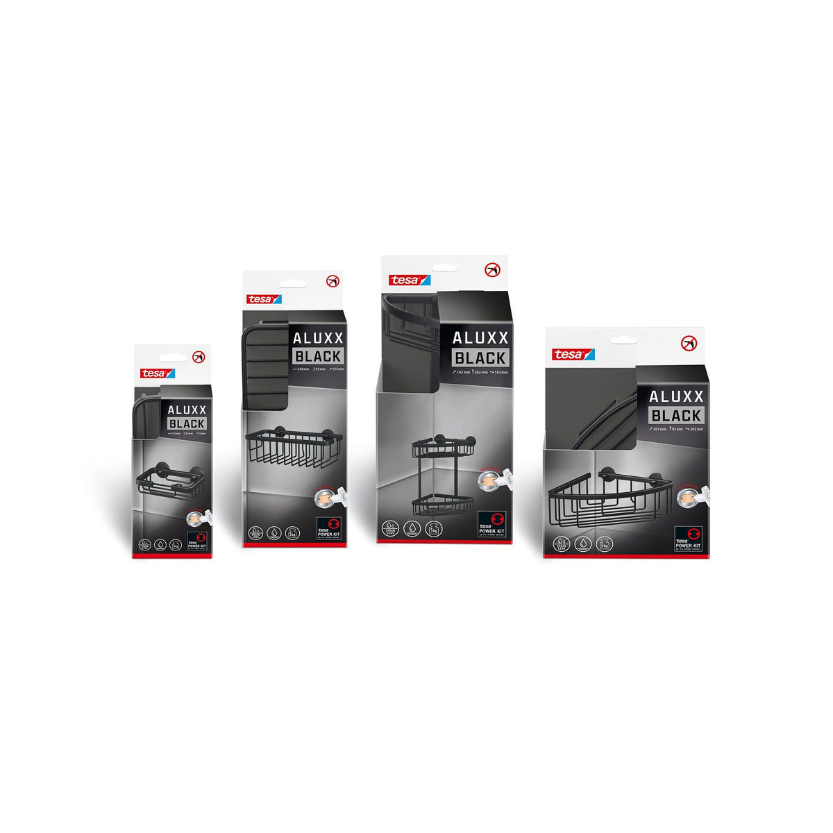 tesa ALUXX BLACK Eck-Duschablage, mattschwarz, für Dusche und Badewanne – Sortiment