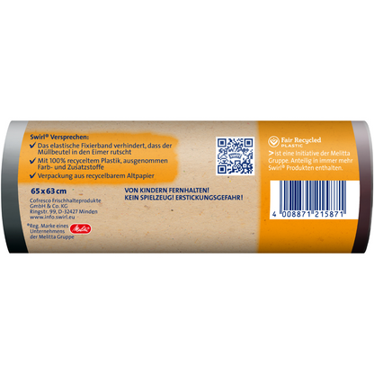 A close-up of a Swirl fastening tape garbage bags 35 l tear-resistant & leak-proof label (10 bags per roll) by Melitta Europa GmbH & Co. KG with product information, recycling details (recycled plastic), a barcode, and German warnings on a cylindrical roll.