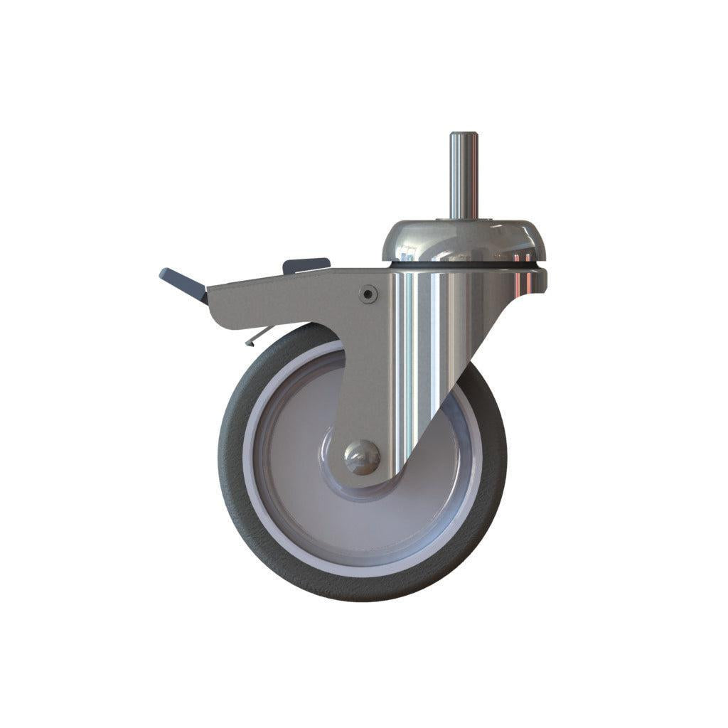 The TASKI Trolley Wheel 100mm with Brake from Diversey Deutschland GmbH & Co. OHG is a swivel wheel with brake, grey tire, metal fork, and central stem for TASKI trolleys; includes metal brake lever. Sold as a single unit.