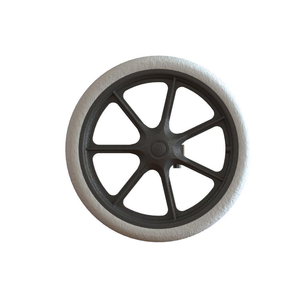 A black, eight-spoke TASKI Trolley Outdoor Wheel (370mm) with a white structured tire, by Diversey Deutschland GmbH & Co. OHG, designed for the TASKI Trolley for outdoor use. Pictured against a white background; package contains 1 piece.