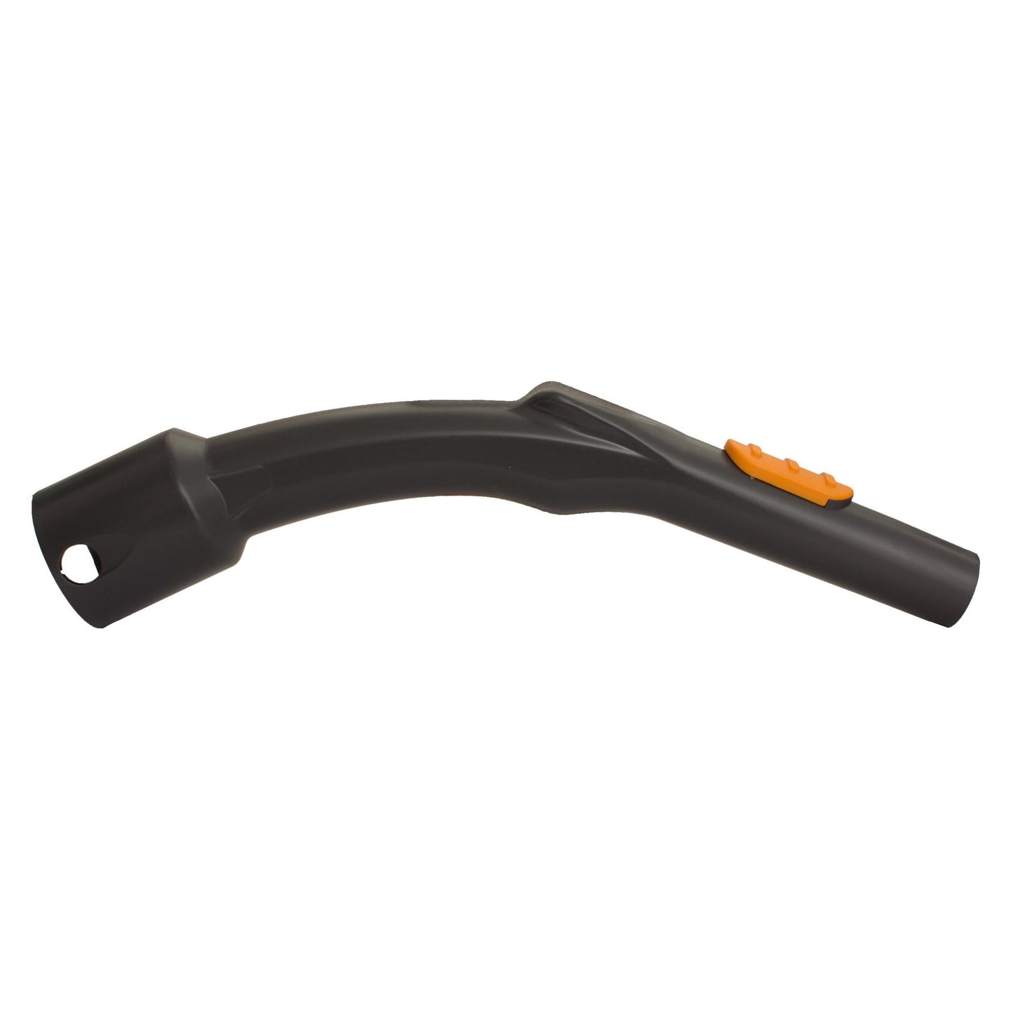The TASKI AERO pipe bend from Diversey Deutschland GmbH & Co. OHG is a black replacement pipe bend, compatible with TASKI Aero and Aero BP vacuum cleaners. The package contains 1 piece. Pictured on a white background with an orange button strip.