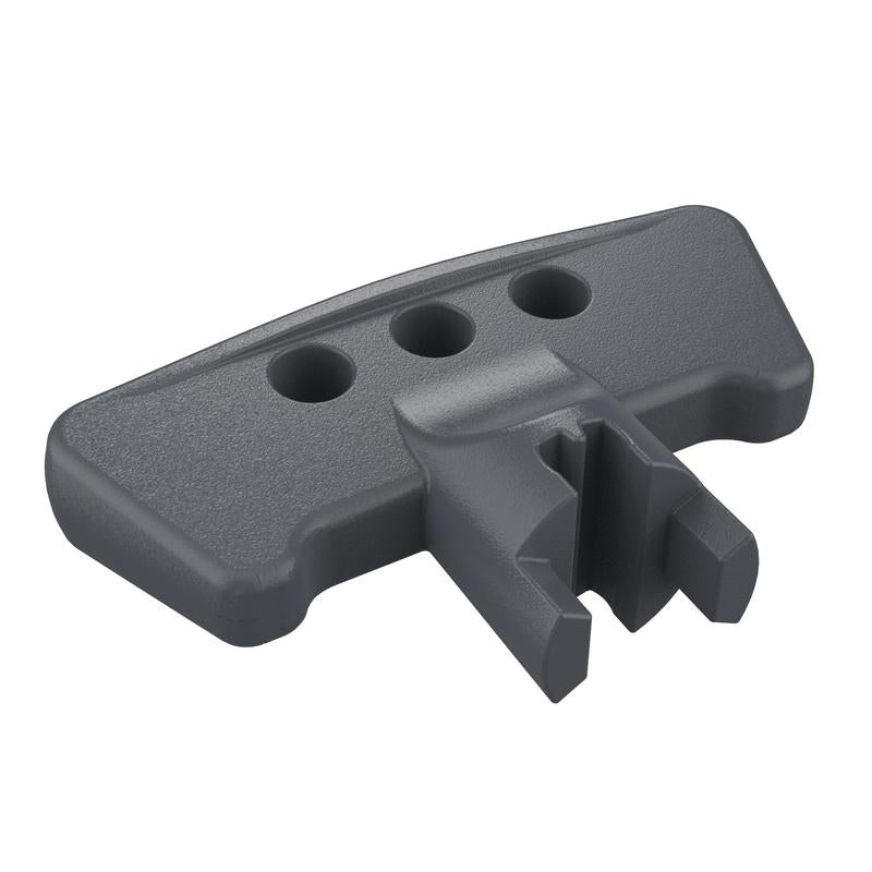 The Protect Trolley replacement key from Diversey Deutschland GmbH & Co. OHG is a gray plastic replacement key for the TASKI Protect Trolley, with three circular holes and a forked, notched extension. The package contains 1 piece.