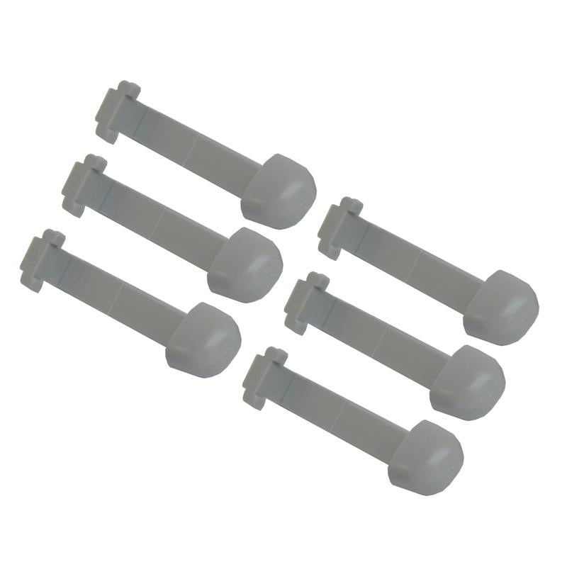 Six identical grey Protect Trolley rubber caps from Diversey Deutschland GmbH & Co. OHG are arranged in parallel rows on a white background - each rectangular with a rounded end and tab, designed as shock absorption for trolleys (1 piece package).