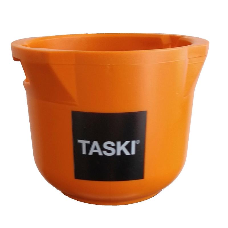 An orange plastic bucket with a black and white "TASKI" label, ideal for storing your Diversey VersaPlus 2.0 bottle holder or replacement bottle holder (1 piece) during cleaning, on a white background.