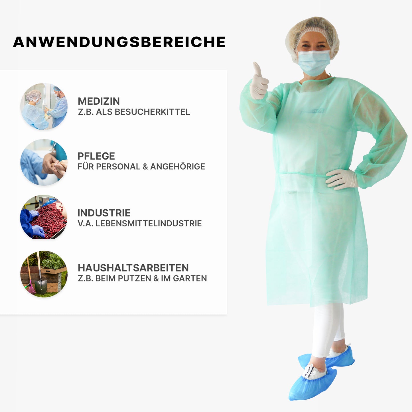 A person in an ARNOMED PROTECT PP-PROTECTIVE GOWN disposable gown made of PP nonwoven by ARNOWA GmbH stands with a raised thumb. Four circles and a German text show the areas of use: medical, care, industry, and household.