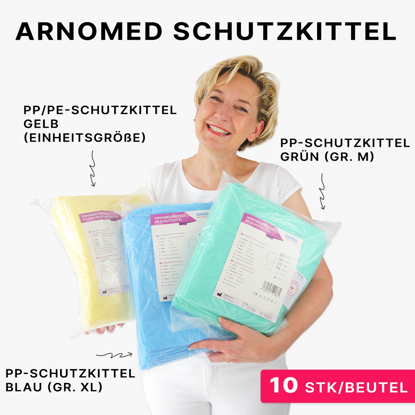 A smiling person holds three packaged ARNOMED PROTECT PP-PROTECTIVE GOWN disposable gowns made of PP nonwoven by ARNOWA GmbH - yellow (one size), blue (XL), and green (M); each package contains 10 pieces.