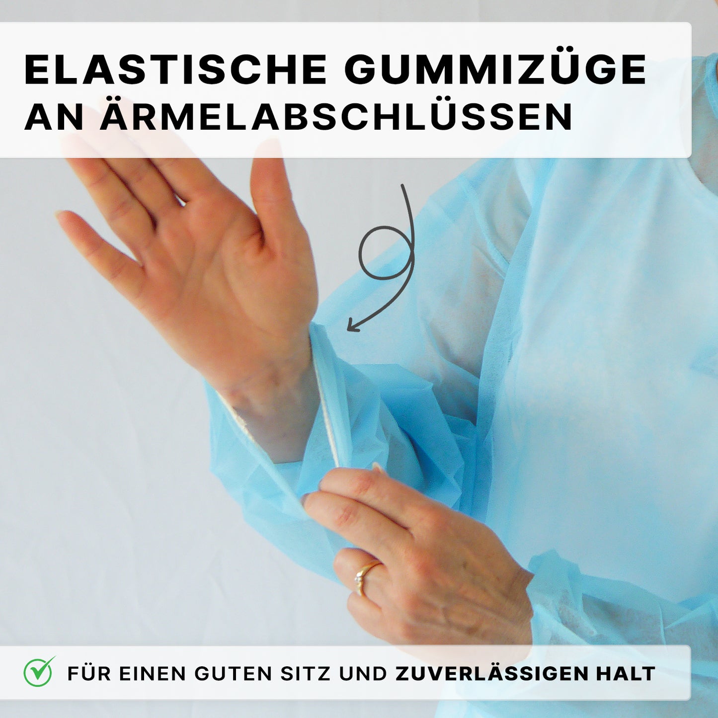 A person shows the elastic cuff of a light blue ARNOMED PROTECT PP-PROTECTIVE GOWN disposable gown made of PP nonwoven by ARNOWA GmbH. A German text highlights the secure fit. A checkmark and an explanation appear at the bottom.