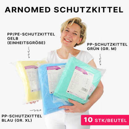 A woman smiles while holding three packaged ARNOMED PROTECT PP-PROTECTIVE GOWN by ARNOWA GmbH in yellow, blue, and green in her hand - disposable PP nonwoven gowns in various sizes, labeled with 10 pieces per package.