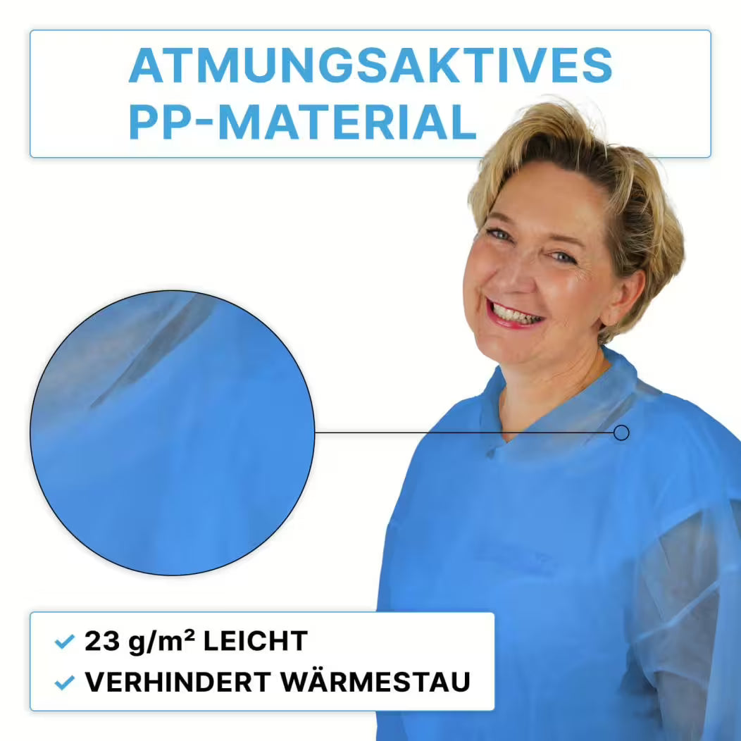 A smiling woman wears the ARNOMED PROTECT PP-VISITOR GOWN BLUE disposable visitor coat with snap buttons from ARNOWA GmbH. Highlighted features: breathable PP material, 23 g/m² lightweight, prevents heat accumulation. Inset shows material close-up.