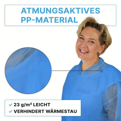 A smiling woman wears the ARNOMED PROTECT PP-VISITOR GOWN BLUE disposable visitor coat with snap buttons from ARNOWA GmbH. Highlighted features: breathable PP material, 23 g/m² lightweight, prevents heat accumulation. Inset shows material close-up.