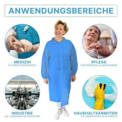A woman wears the ARNOMED PROTECT PP-VISITOR GOWN BLUE disposable visitor coat from ARNOWA GmbH and stands amidst four labeled circles - Medicine, Care, Industry, and Household - demonstrating the diverse applications of the visitor coat.