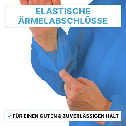 A person shows the elastic cuff of the ARNOMED PROTECT PP-VISITOR GOWN BLUE disposable visitor coat from ARNOWA GmbH. Above: "Elastic sleeve cuffs", below: "For a good & reliable fit.
