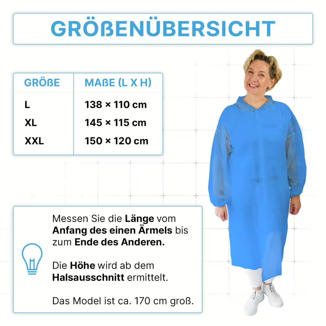 A woman in an ARNOMED PROTECT PP-VISITOR GOWN BLUE disposable visitor coat from ARNOWA GmbH stands next to a size chart (L, XL, XXL) with measuring instructions. The model's height is approximately 170 cm.