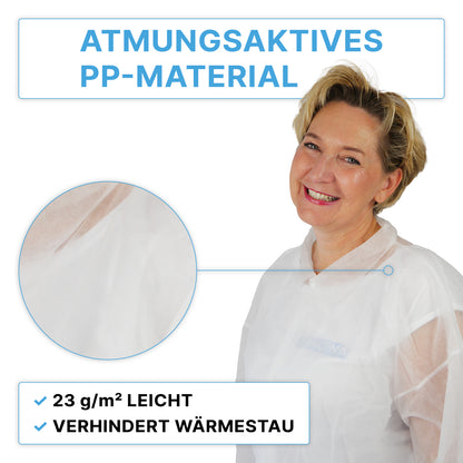 A woman wears the ARNOMED PROTECT PP-VISITOR GOWN WHITE from ARNOWA GmbH and smiles at the camera. Text emphasizes: "Breathable PP material", "23 g/m² light", "prevents heat build-up". The close-up shows the gown's structure.