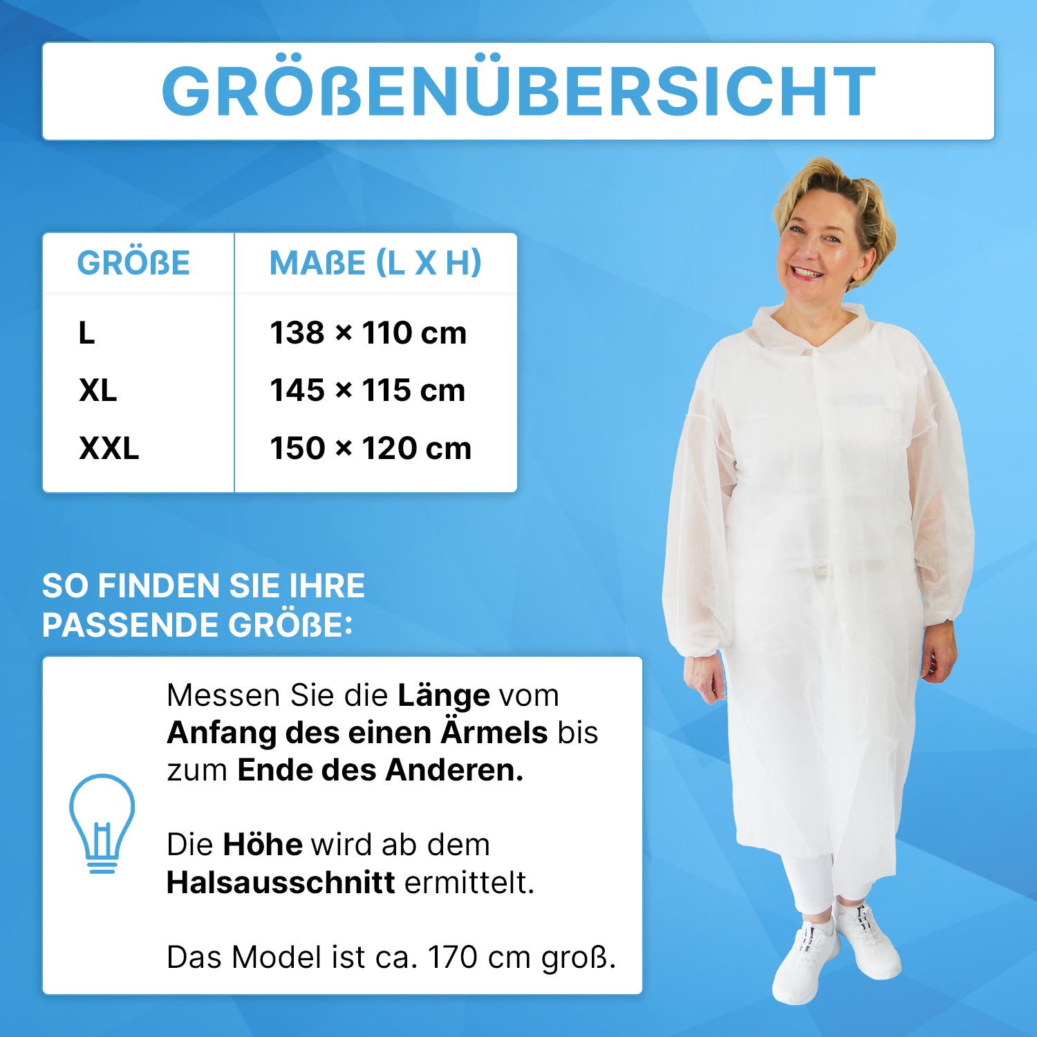 Eine Frau in einem ARNOMED PROTECT PP-BESUCHERKITTEL WHITE Einweg Besuchermantel der ARNOWA GmbH steht neben einer deutschen Größentabelle für L, XL, XXL (cm), mit Hinweisen zum Messen der richtigen Kittelgröße.