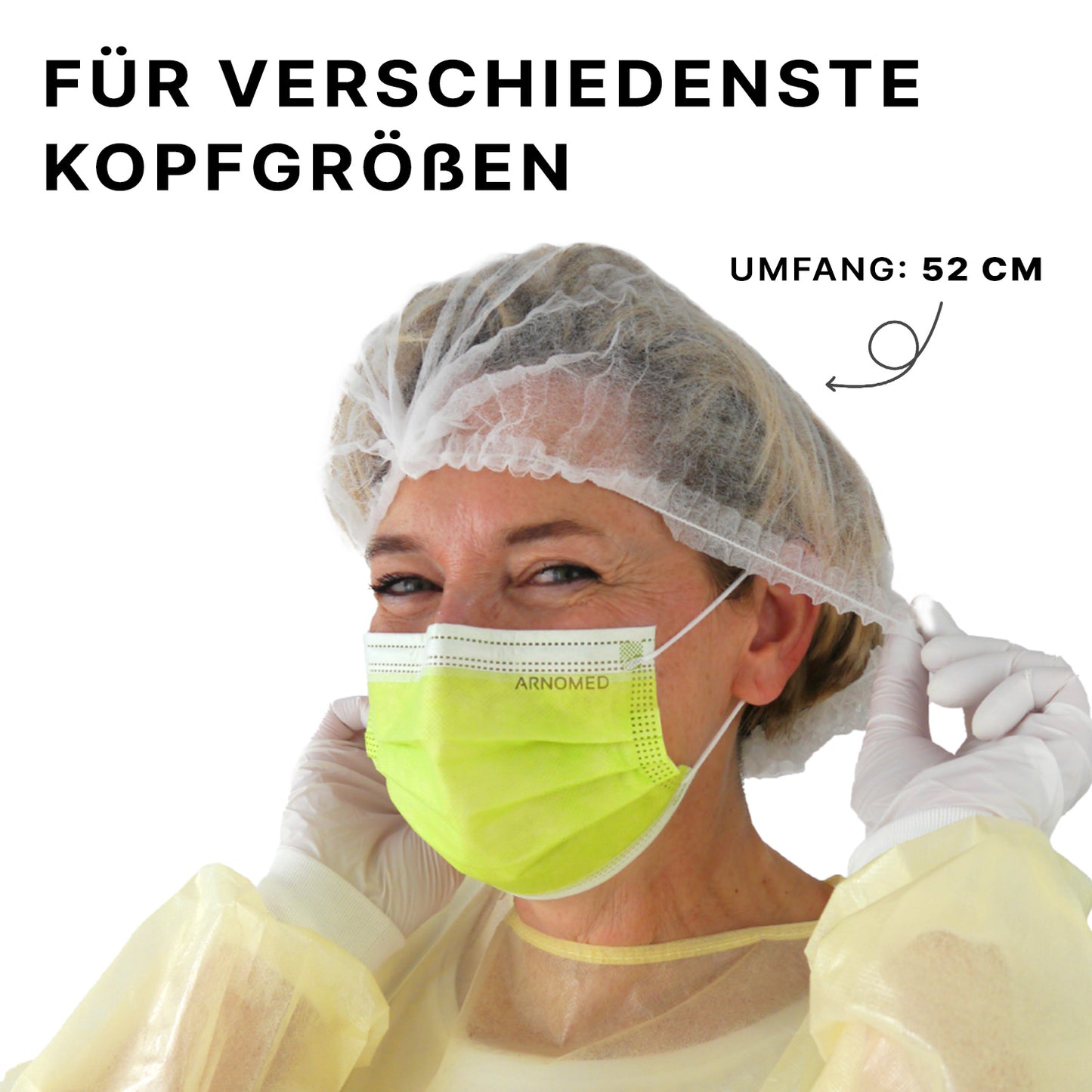 A person in an ARNOMED COVER PP CLIP CAP disposable clip cap made of PP fleece (52 cm circumference) from ARNOWA GmbH adjusts the cap. German text highlights "For various head sizes" and hygiene protection for all head sizes.