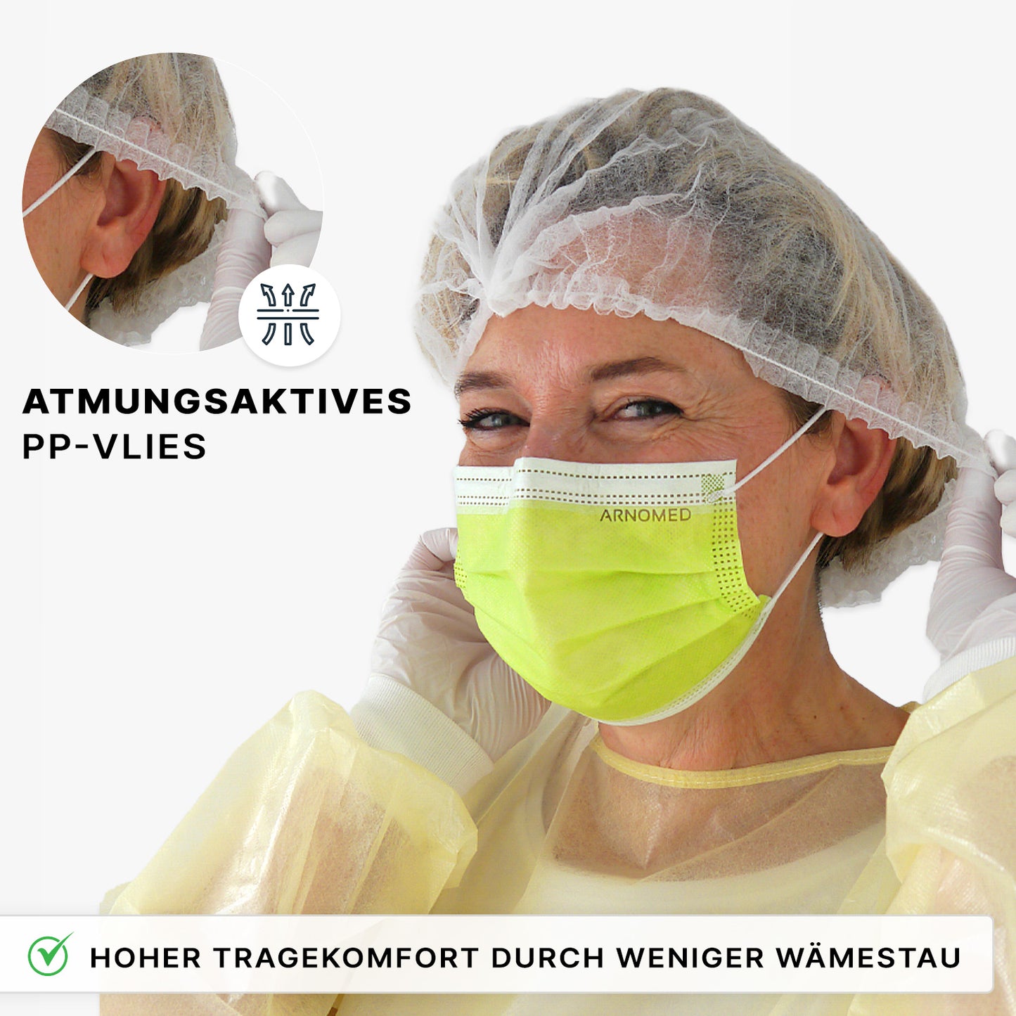 A person wearing the ARNOMED COVER PP CLIP CAP from ARNOWA GmbH, a yellow mask, and gloves adjusts their hairnet. An insert highlights the breathable PP fleece material. The German text advertises comfort and optimal hygiene protection.
