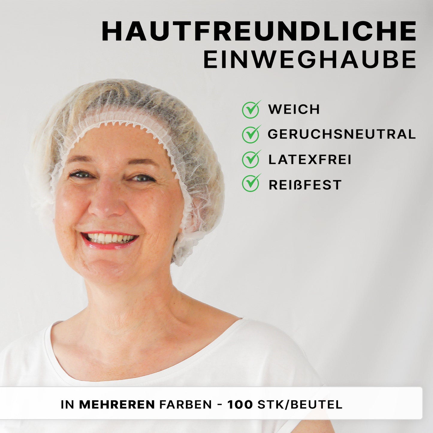 A smiling woman wears the ARNOMED COVER PP CLIP CAP (52cm, ARNOWA GmbH). The German text highlights: soft, odorless, latex-free, tear-resistant PP material. Notes: Hygiene protection, multiple colors, and 100 caps per bag.