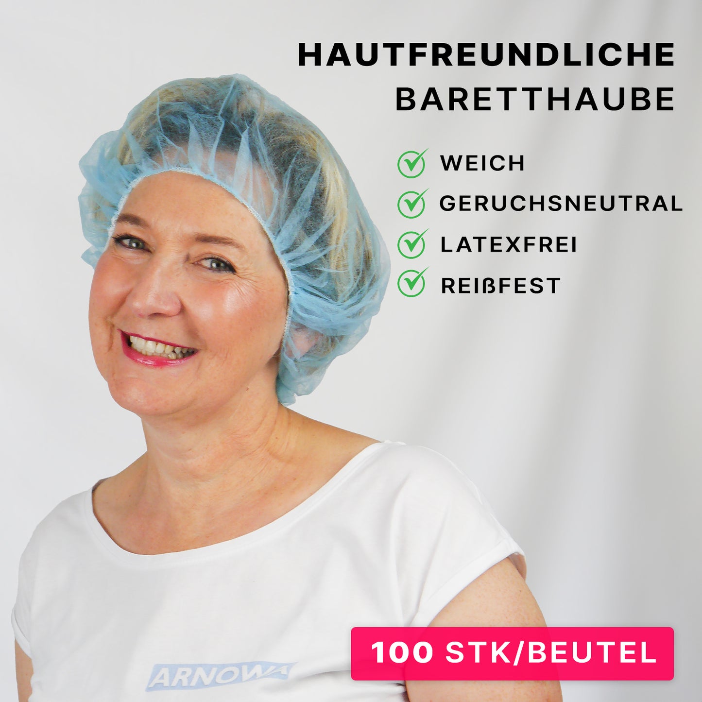 A woman in a light blue ARNOMED COVER PP-BARETTHAUBE by ARNOWA GmbH smiles at the camera. The text highlights the skin-friendly, soft, odorless, latex-free, and tear-resistant properties. Label: "100 PCS/BAG" - ideal for the hygiene sector.