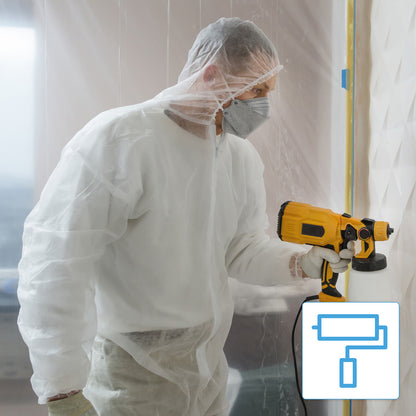 A person wearing the ARNOMED COVER PP-OVERALL WHITE disposable overall with a hood by ARNOWA GmbH is using a yellow paint sprayer near a wall, with a paint roller icon at the bottom right of the image.