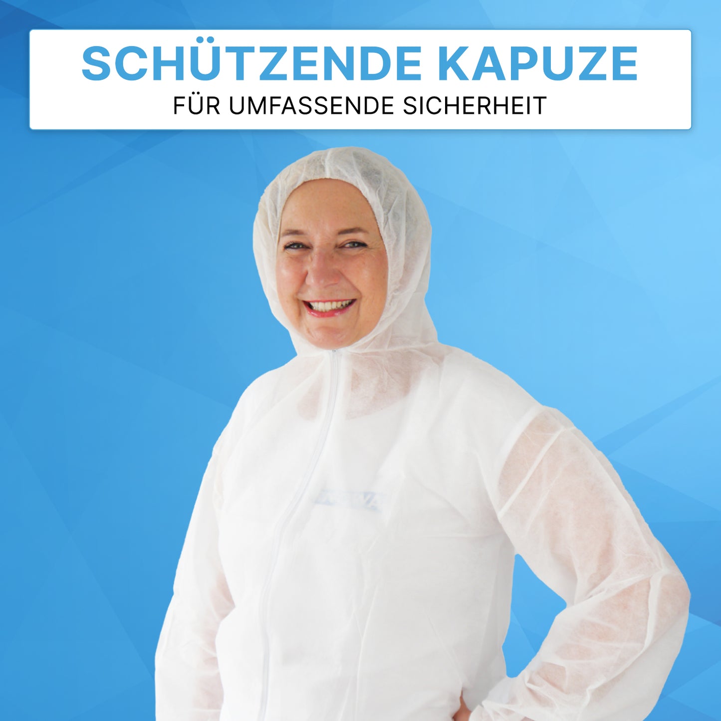 A person in an ARNOMED COVER PP-OVERALL WHITE by ARNOWA GmbH with a hood is standing in front of a blue background. Above is the text "Protective Hood" and "For Comprehensive Safety" in German.