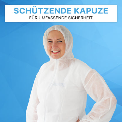 A person in an ARNOMED COVER PP-OVERALL WHITE by ARNOWA GmbH with a hood is standing in front of a blue background. Above is the text "Protective Hood" and "For Comprehensive Safety" in German.