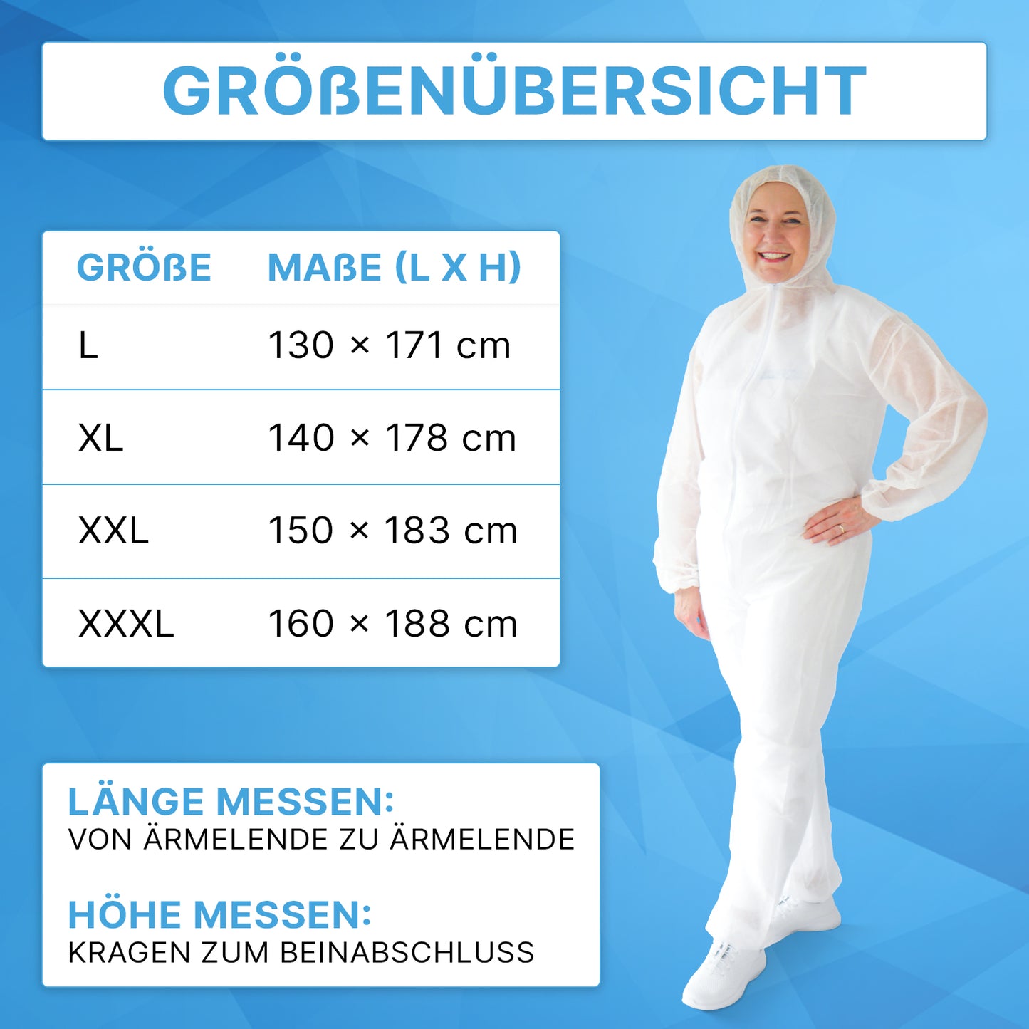 A woman in a white ARNOMED COVER PP-OVERALL XTRA STRONG from ARNOWA GmbH stands smiling. To her left, a blue chart shows sizes L-XXXL with centimeter measurements, and below it is a guide for measuring your disposable coverall.