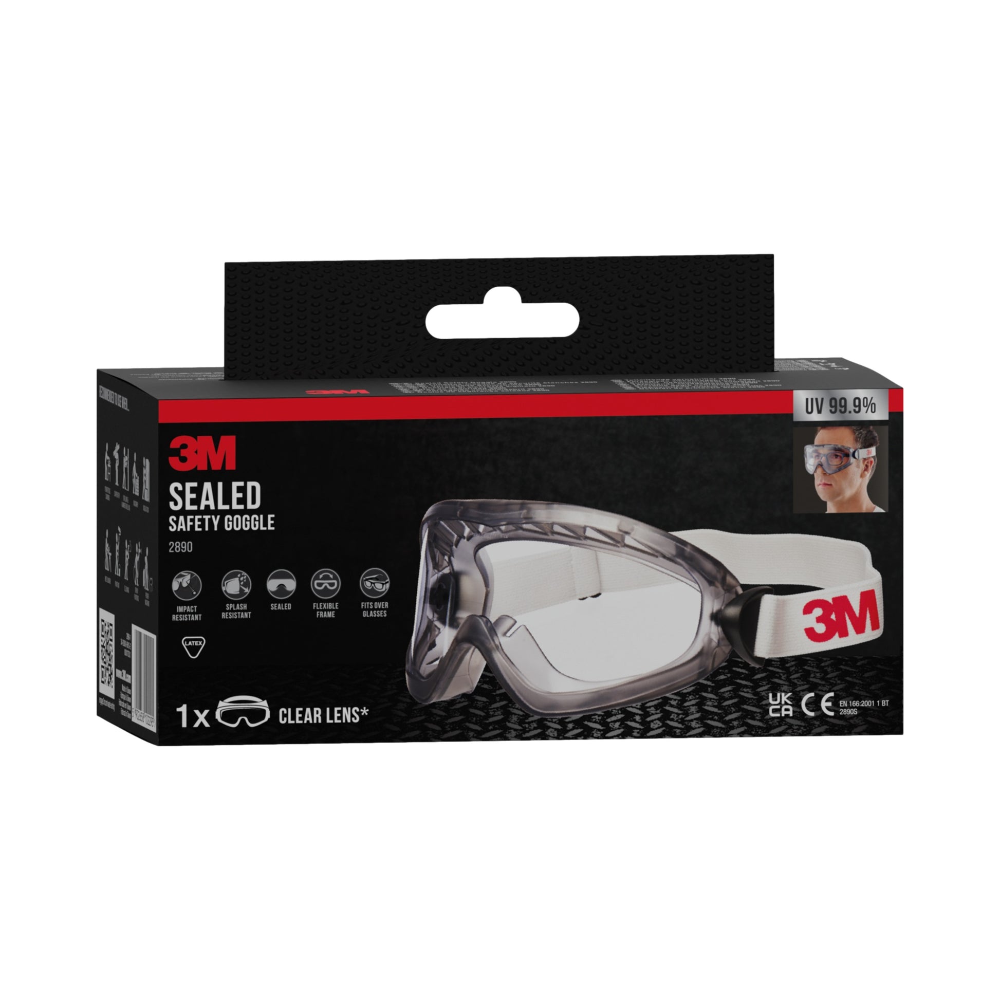 Ein schwarz-roter Karton der 3M Deutschland GmbH enthält eine 3M™ Schutzbrille 2890, versiegelt, Klarsichtscheibe. Auf der Verpackung sind der Produktname, ein Brillenfoto, ein Trägerbild und ein UV-Schutz-Etikett oben rechts abgebildet.