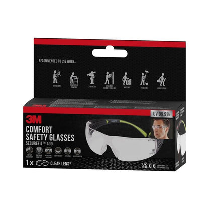 A box with 3M™ SecureFit™ Safety Glasses 400 from 3M Deutschland GmbH with clear lenses. The packaging includes product information, a photo, and symbols for suggested applications: gardening, carpentry, handling, and painting.