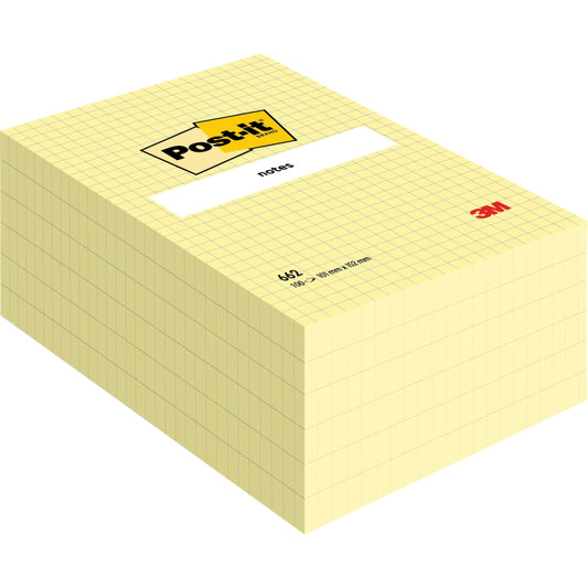 Ein Stapel Post-it® Notes im Großformat, Gelb, Raster (101 mm x 152 mm), 100 Blatt/Block, 6 Blöcke/Packung von 3M Deutschland GmbH. Hergestellt aus 100% PEFC-zertifiziertem Papier (SGSCH-PEFC-COC-110078).