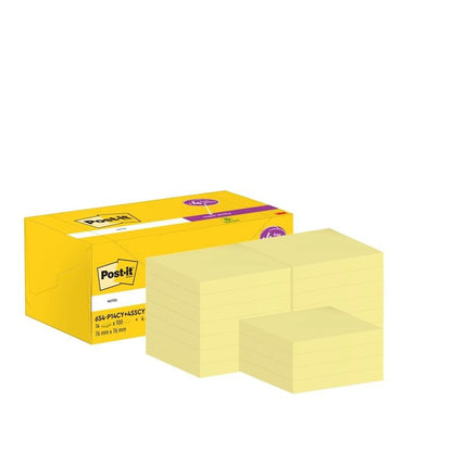 Pictured is a yellow "Post-it®" box from 3M Deutschland GmbH with stacks of 76 x 76 mm yellow Super Sticky Notes (100 sheets/block, 14 blocks + 4 free), PEFC-certified, on a white background.