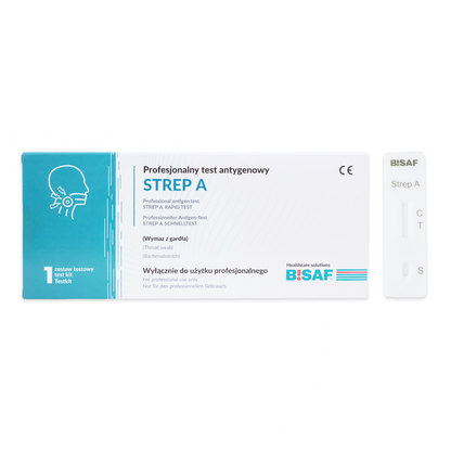 The Altruan Strep A - Bisaf Professional 1 Test | Package (1 piece) contains a Polish text, an illustration of the throat, and a test strip labeled "Strep A" with result markings for the rapid detection of strep throat.