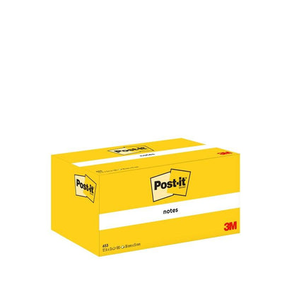A yellow box of Post-it® Notes (38 x 51 mm, 100 sheets/block, 12 blocks/package) from 3M Deutschland GmbH, labeled with the Post-it and the red 3M logo "notes". Ideal for office supply in PEFC-certified cardboard packaging.