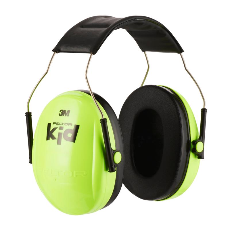 The 3M™ PELTOR™ earmuff for children from 3M Deutschland GmbH has bright green ear cups with black padding, a padded black headband, and silver metal bands - ideal for children's hearing protection.