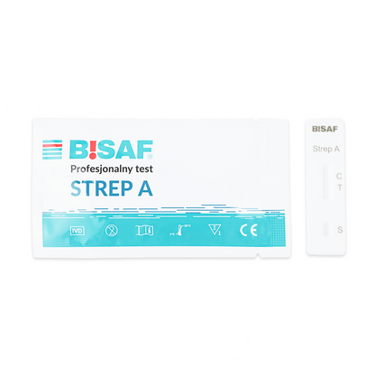 Pictured is a Strep A - Bisaf Professional 1 Test | Package (1 piece) from Altruan, showing the foil test package and the white cassette labeled "Strep A," used for the detection of Strep A antigens in strep throat.