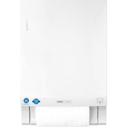 A white CWS ParadiseLine fabric towel dispenser Dry Slim for wall mounting with a panel, a partially visible towel roll at the bottom, and labels at the lower edge.