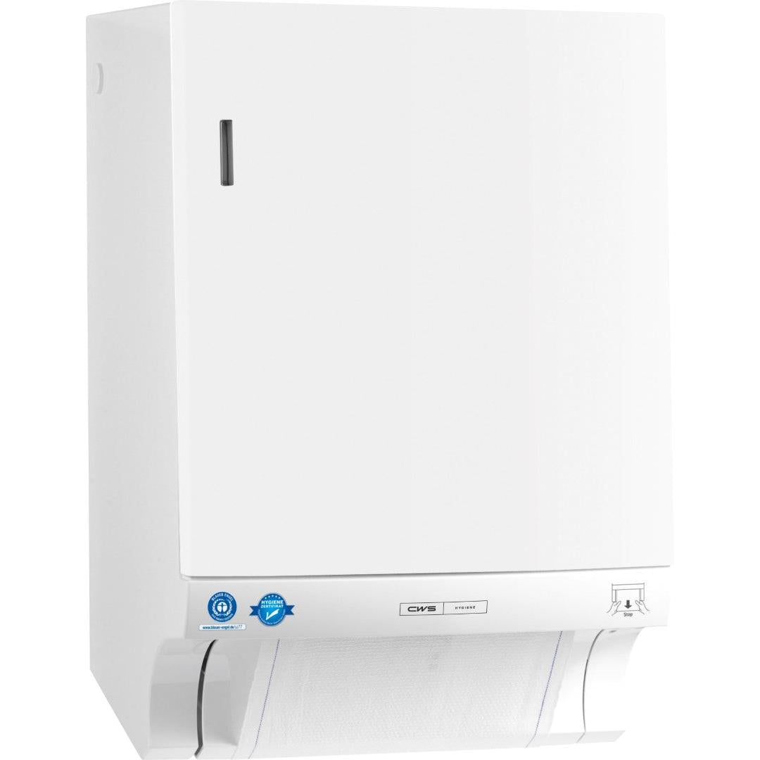 The CWS ParadiseLine fabric towel dispenser Dry Slim, a sleek white wall dispenser, features an exposed towel at the bottom as well as front-facing symbols and certifications.