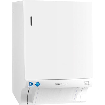 The CWS ParadiseLine fabric towel dispenser Dry Slim, a sleek white wall dispenser, features an exposed towel at the bottom as well as front-facing symbols and certifications.