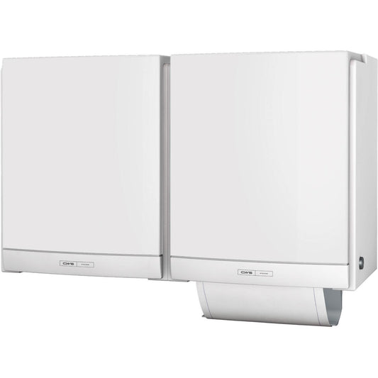 Zwei weiße CWS ParadiseLine Stoffhandtuchspender DUO mit Panel Weiß sind nebeneinander montiert und stellen eine umweltfreundliche und hygienische Lösung für Waschräume dar. Ein Handtuch ist in der umweltfreundlichen Einheit sichtbar.