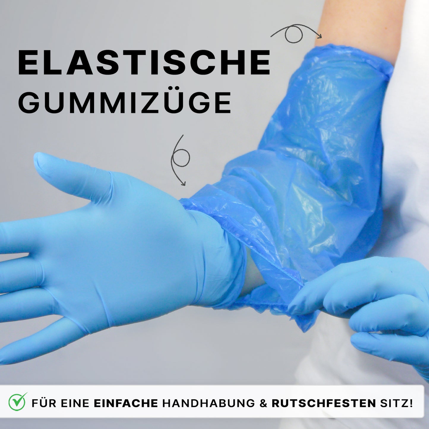 A person wears a blue disposable glove over an ARNOMED PE sleeve protector (ARNOWA GmbH), liquid-repellent, disposable, with elastic bands at both ends for easy handling and a secure fit. The German text highlights these features.