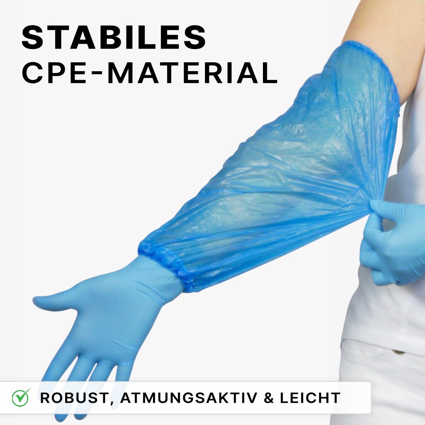 A person wears a blue ARNOMED PE sleeve protector from ARNOWA GmbH over a blue glove. Above: "Durable PE material", below: "Robust, breathable & liquid-repellent".