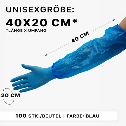 The ARNOMED PE sleeve protector from ARNOWA GmbH is depicted in blue, worn over a glove. This liquid-repellent, unisex disposable sleeve protector is 40 cm long, 20 cm in circumference, and is delivered in a bag of 100 pieces.