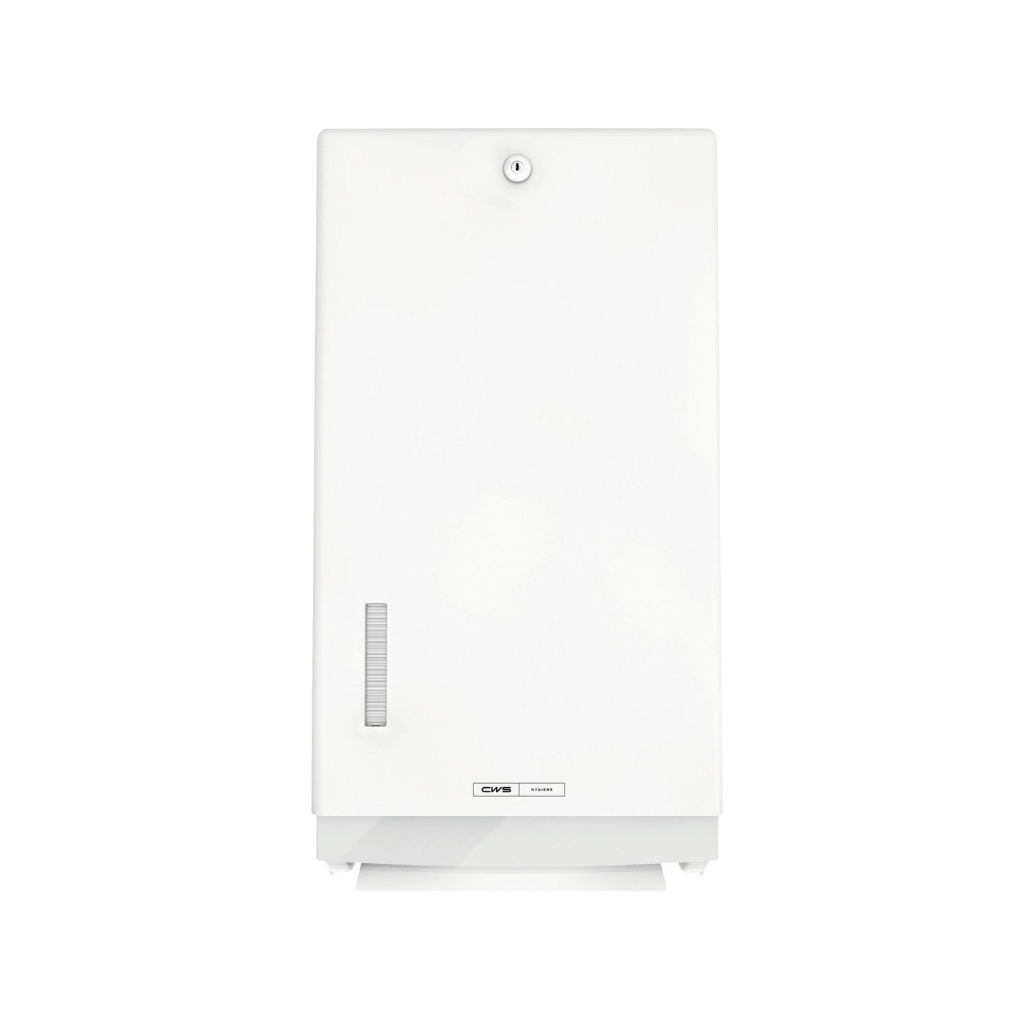 The CWS ParadiseLine fold paper towel dispenser Paper Universal, white, with lock and left viewing window allows for hygienic hand drying with universal paper towels.