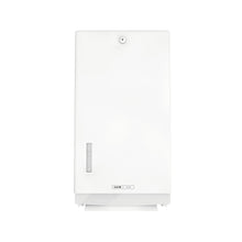 The CWS ParadiseLine fold paper towel dispenser Paper Universal, white, with lock and left viewing window allows for hygienic hand drying with universal paper towels.