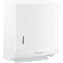 The CWS ParadiseLine Paper Slim fold paper towel dispenser in white with a lock from CWS has a viewing window for the paper level and the "CWS Hygiene" label at the bottom - ideal for hygienic hand drying.