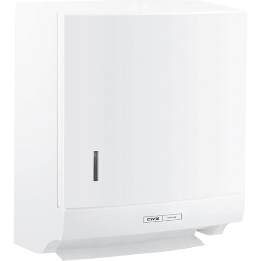 Der CWS ParadiseLine Faltpapierhandtuchspender Paper Slim in Weiß mit Schloss von CWS besitzt ein Sichtfenster für den Papierstand und das "CWS Hygiene" Label unten - ideal für hygienisches Händetrocknen.